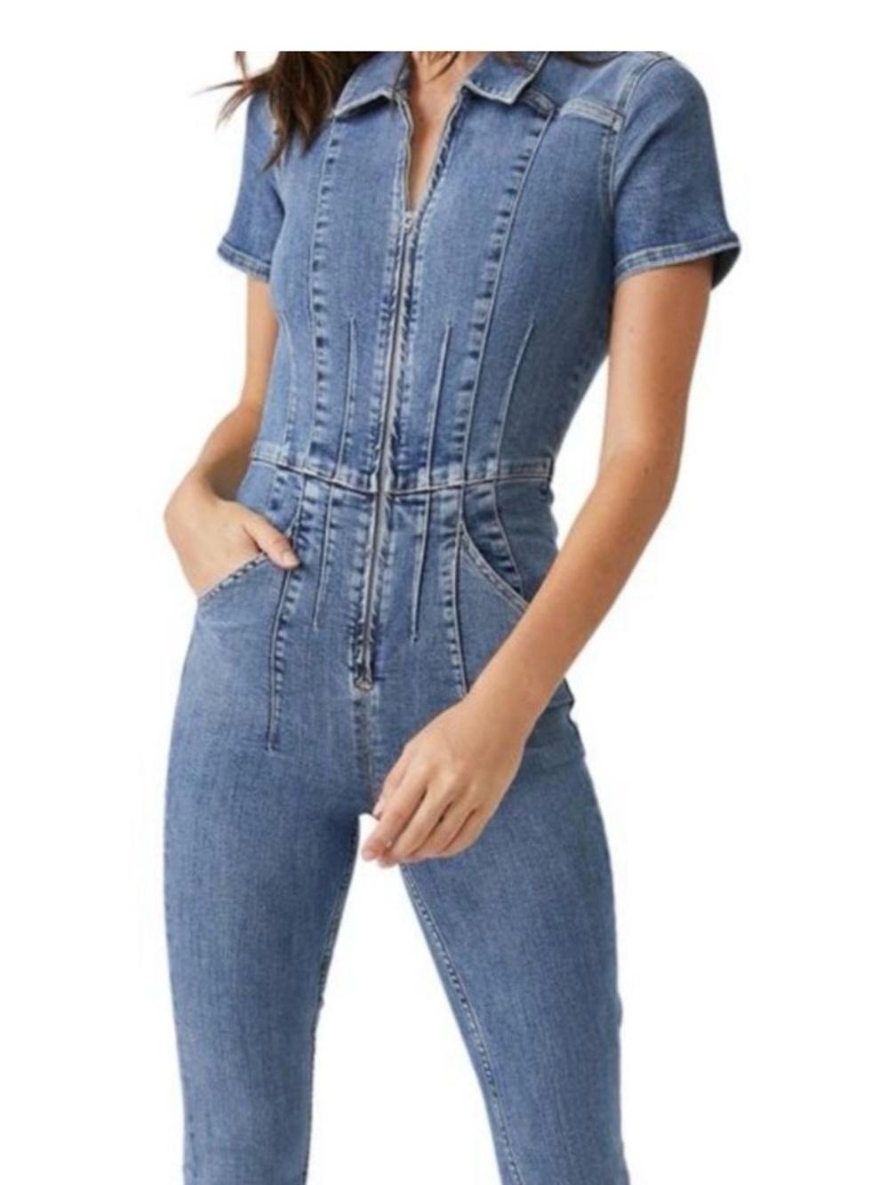 Free People We The Free Jayde Flare Denim Jumpsuit Size XL